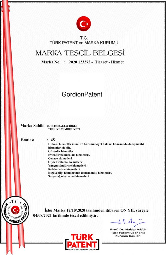 Gordion Patent Marka Tescil Belgesi